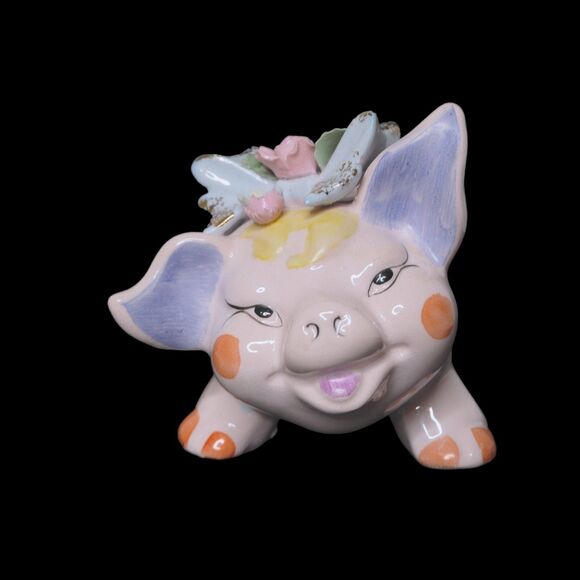Vintage Lefton Cottagecore Kitsch Ceramic 3D Flower Pink Pig Piggy Coin Bank - Picture 2 of 12